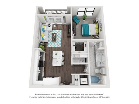 Floor plan for 1 bed, 1 bath, 732 sqft